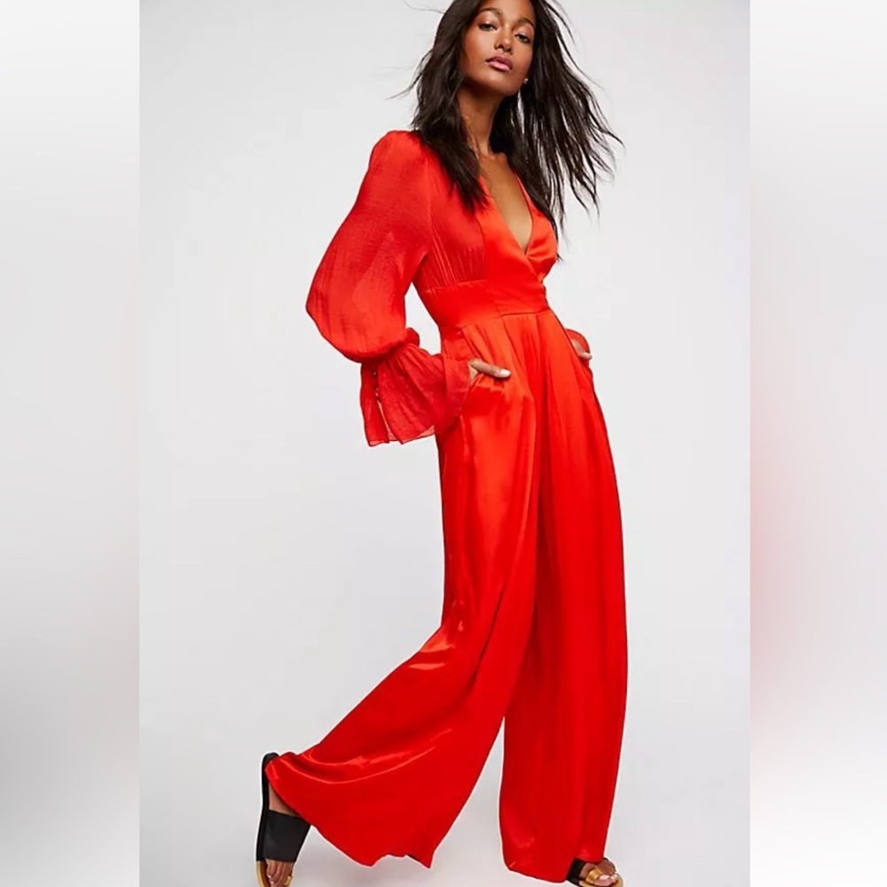 Free People Size 0 Not Your Baby Women Long Sleeve Wide Leg Satin Jumpsuit Red